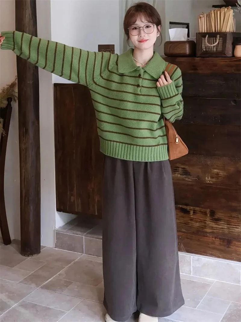 Green Collar Striped Pullover Sweater Knitted Sweater For Women 2026 New Autumn Winter Lazy High-End Retro Top Women's Sweater