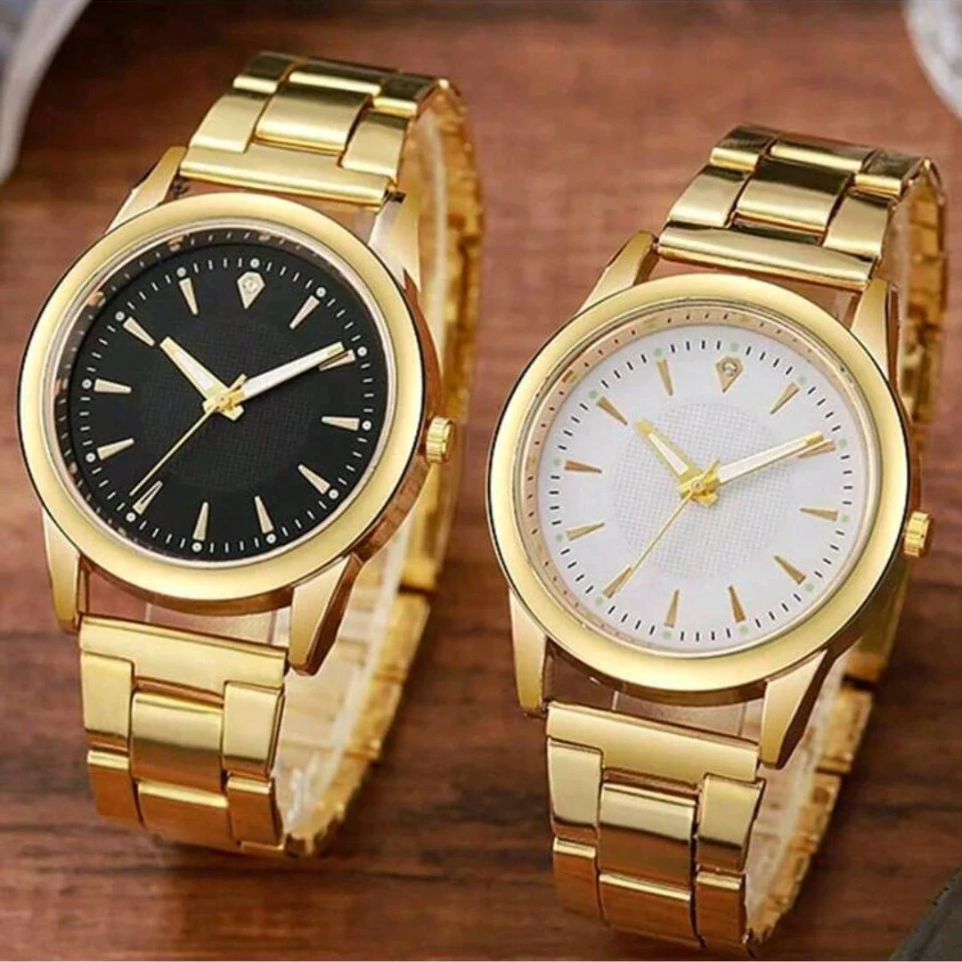 2PCS Fashion Gold Luxury Couple Watch Fashion Temperament Exquisite Alloy Strap Quartz Watch Couple Fashion Watch