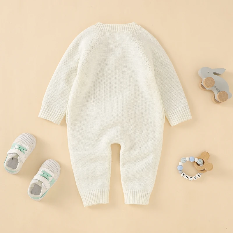 

Baby Knit Romper Bunny Design Round Neck Button-up Playsuit Infant Overall for 0-24 Months