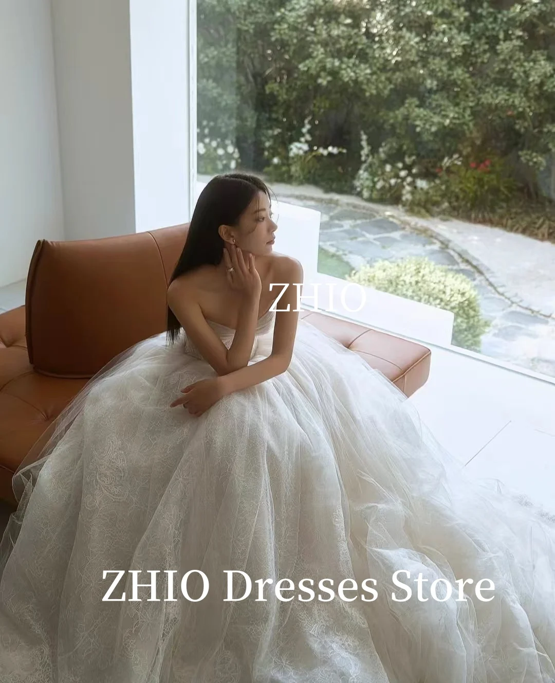 ZHIO Exquisite Applique Wedding Dress Strapless Ivory Tulle Floor Length Korea Photo Shoot Bridal Reception Gown Customized