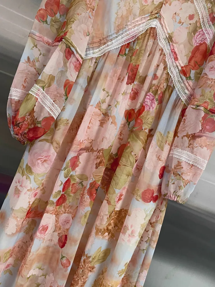 เดรสลายดอกคอวีสไตล์ค็อทเทจคอร์สำหรับผู้หญิง DFDG ปี 2025 แขนพองแต่งลูกไม้สไตล์วินเทจ เหมาะสำหรับใส่ในฤดูใบไม้ผลิ ฤดูร้อน งานปาร์ตี้ลำลอง