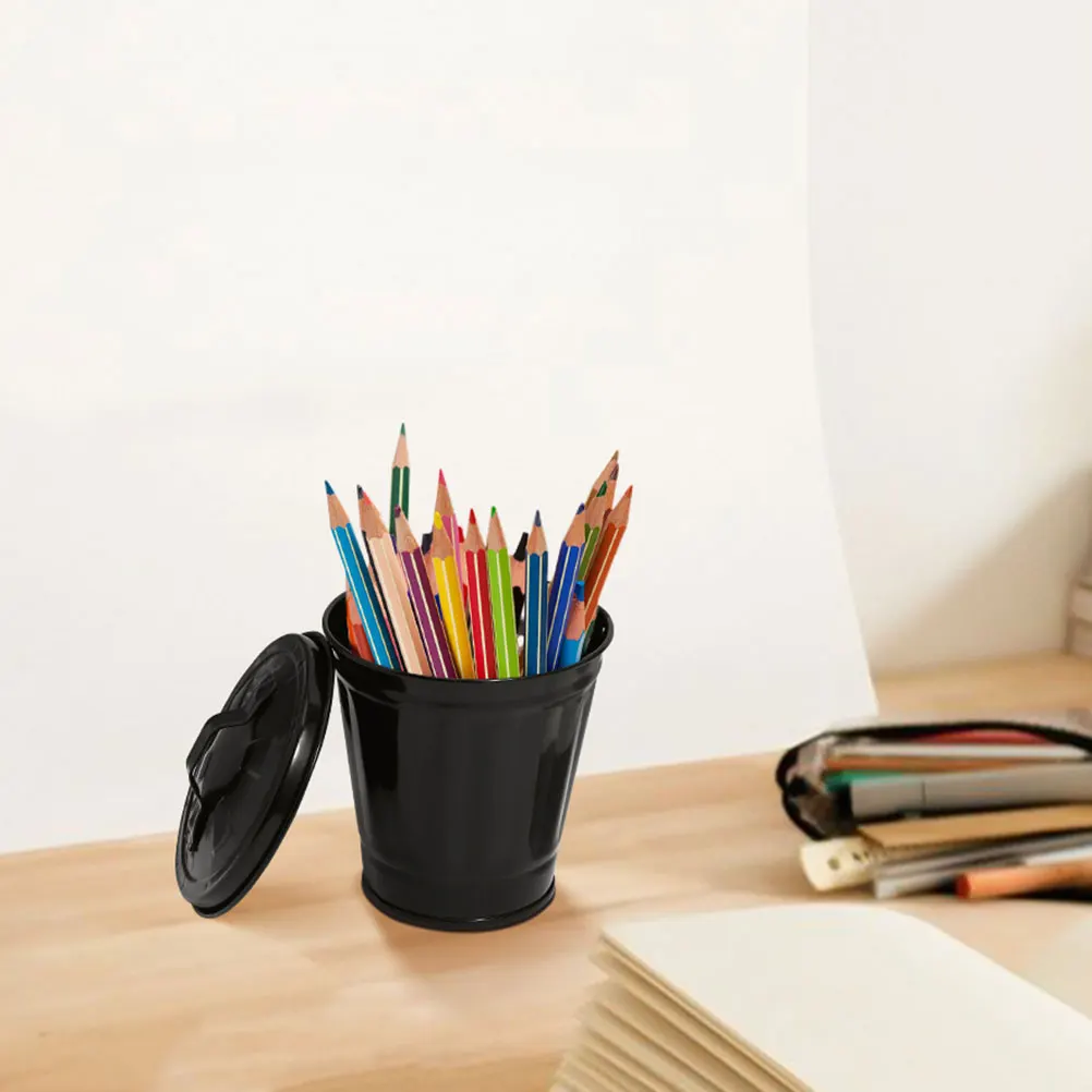 

Pen Holder with Cover Small Trash Can Bedroom Black Iron Garbage Cans Lids Office