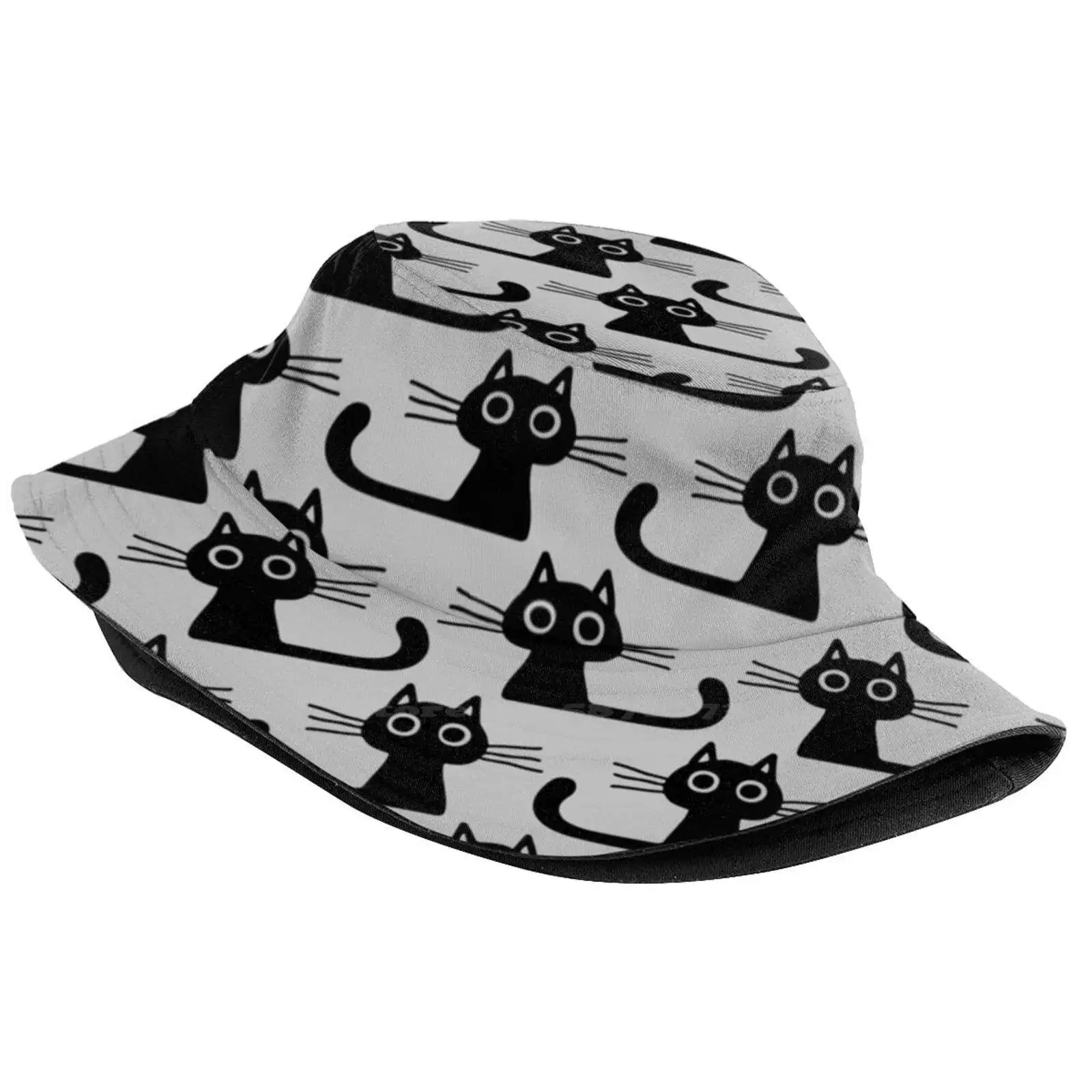 Cutie Kitty Cat Wide Eyed Black Kitten Korean Ladies Outdoor Sun Hat Bucket Cap Kitty Kitten Cats Cat Person Cat Lover Funny