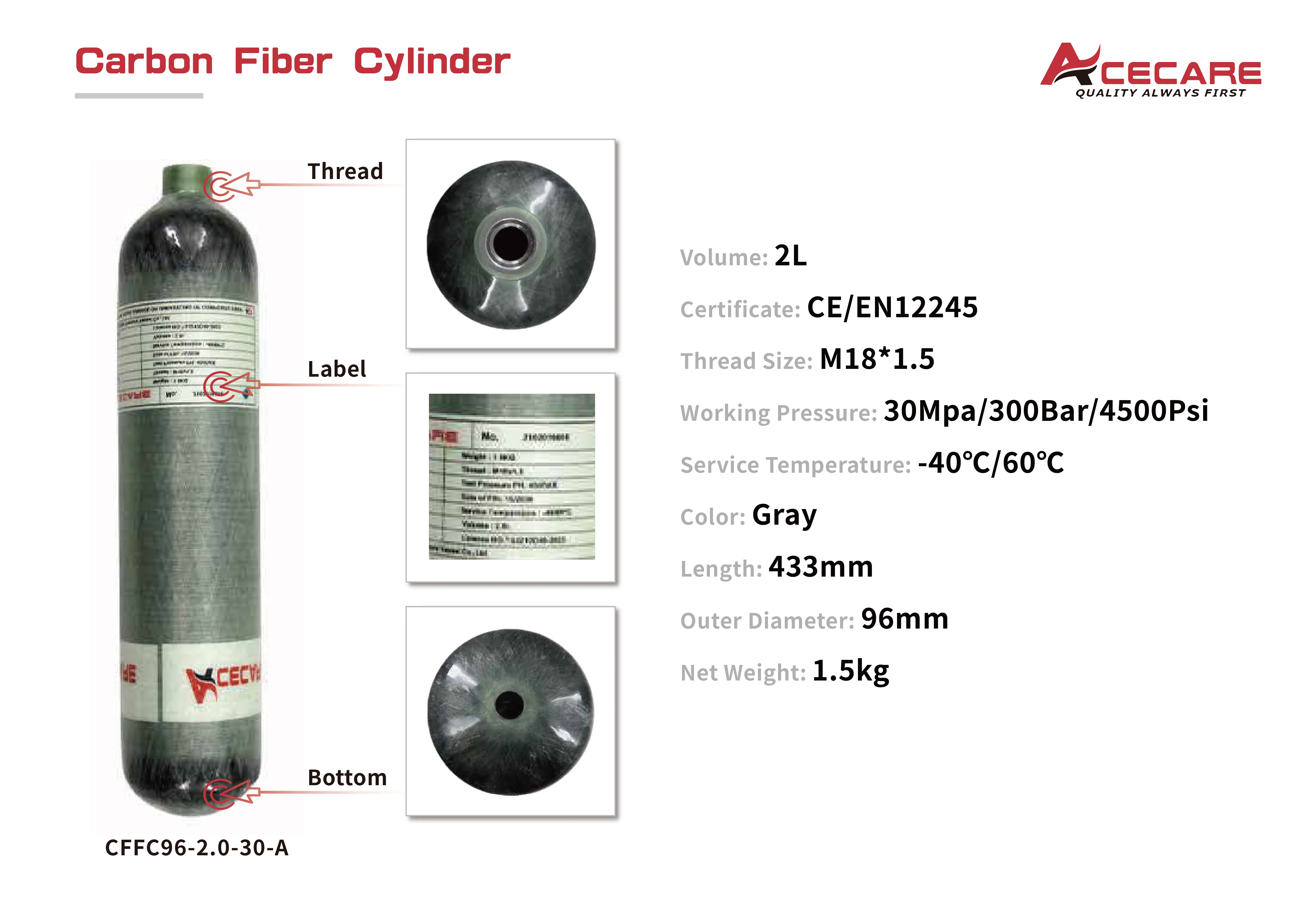 Acecare 2L 30Mpa 300Bar 4500Psi CE คาร์บอนไฟเบอร์ขวดอากาศ hPa ถังดำน้ำสกูบาขนาดเล็กสำหรับ M18ดำน้ำดับเพลิง * 1.5