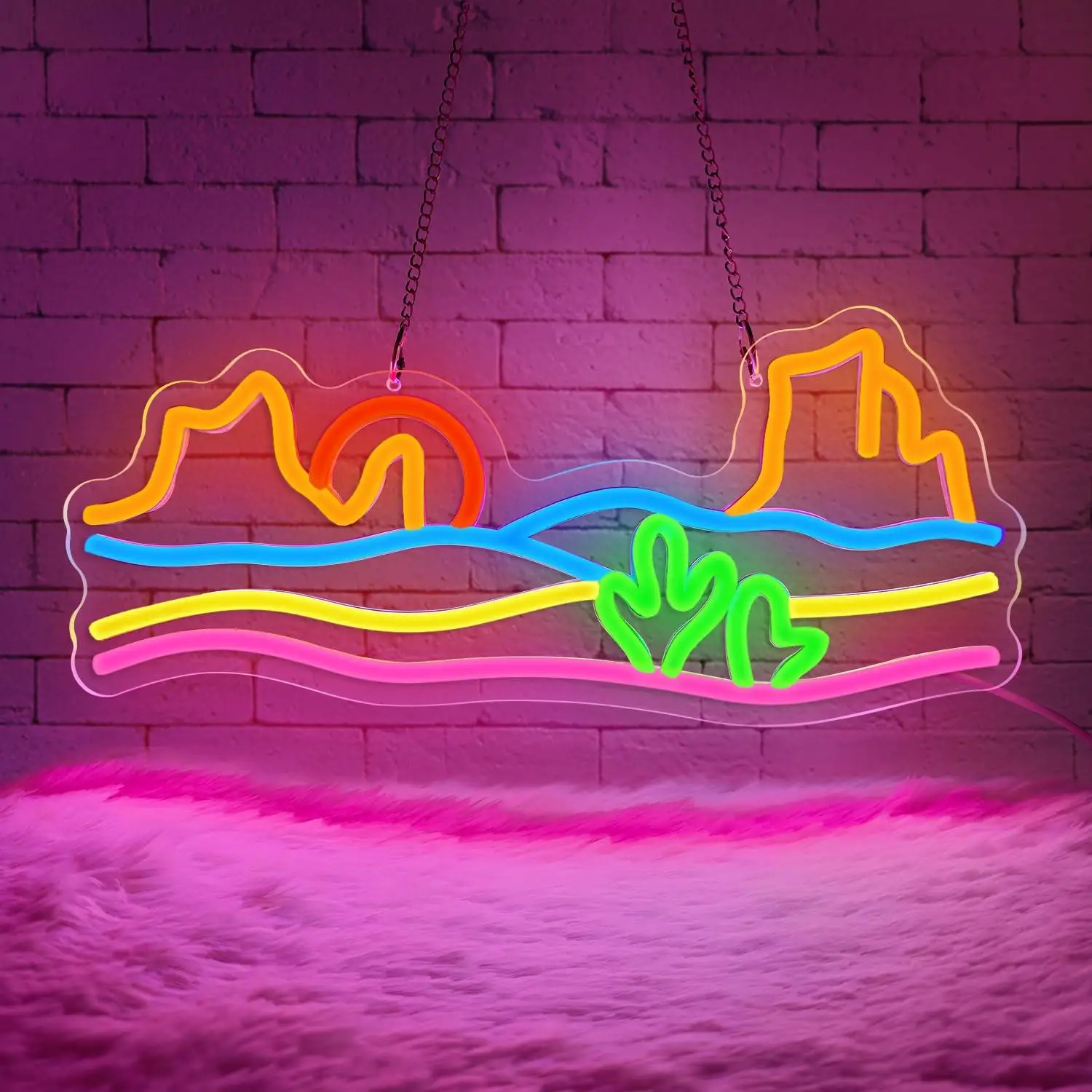 

Mountain Sunset Neon Sign USB Dimmable LED Light for Bedroom Living Room Scenery Cactus Nature Aesthetic Decor Gifts Night Light