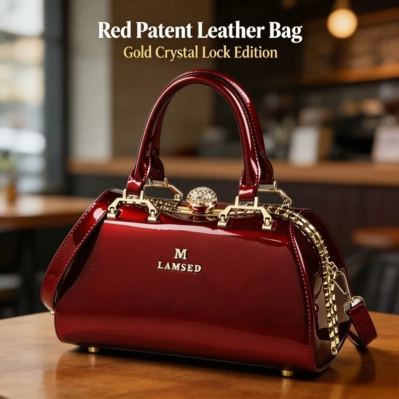 Women Glossy Patent Leather Boston Handbag Rhinestone Ball Lock Gold Chain Decor Detachable Strap Top Handle Crossbody Purse