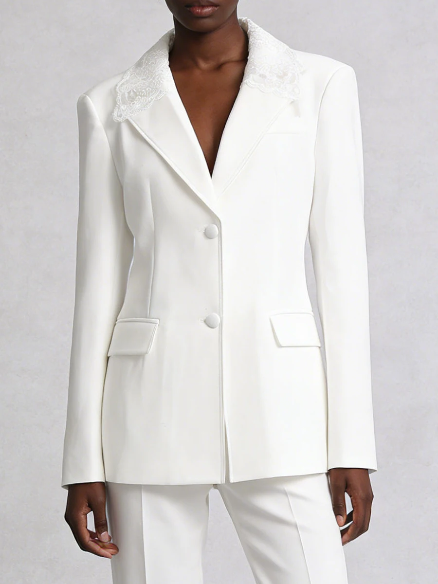 VGH Elegant Solid Spliced Lace Blazers For Women V Neck Long Sleeve Spring Fresh Temperament Slim Jacket Female Fashion Style