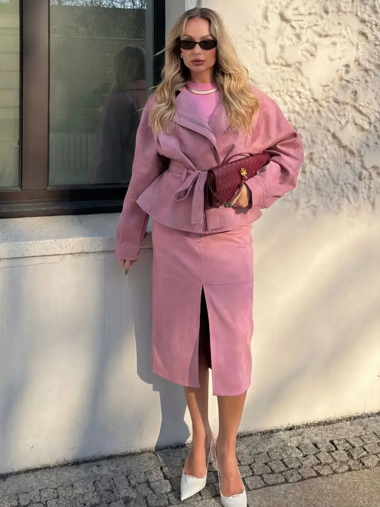 

HH Woman Asymmetrical Zipper Belt Decoration Long Sleeves Short Jacket+Casual Slit Hem Midi Skirt New Fashion Solid Skirt Suit