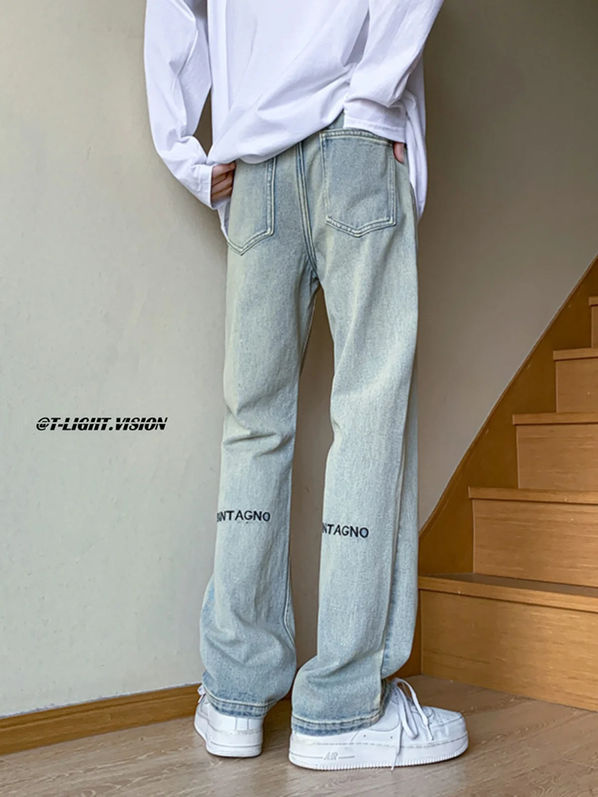 

Голубые прямые джинсы с вышивкой, мужские брюки-сли, американская уличная одежда, износостойкие летние джинсы свободного покроя