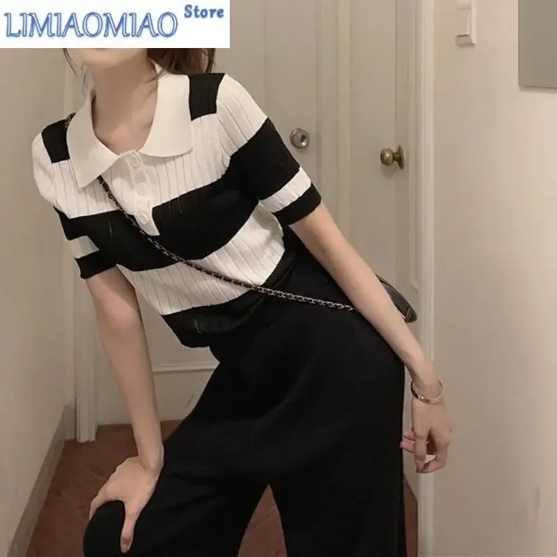 

Fashion Color Contrast Striped Button Knitting T-shirt Women Short Interior Lapping Classic Polo Collar High Waist All-match Top