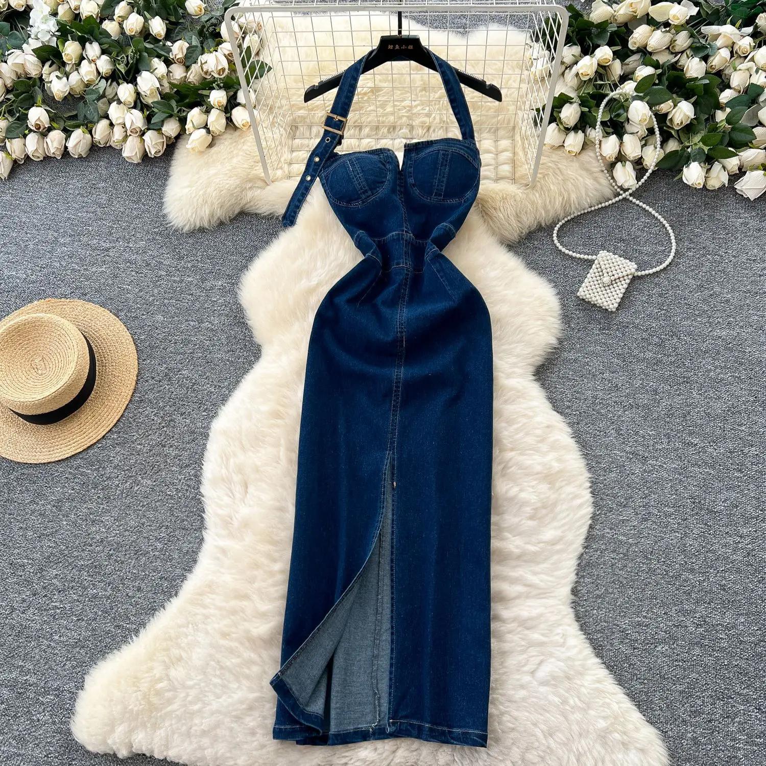 

Long Dress Women Denim Dresses Sexy Halter Sling Vestidos Streetwear Wrap Hip Sleeveless Elegant Splice Y2k Party Night 2025