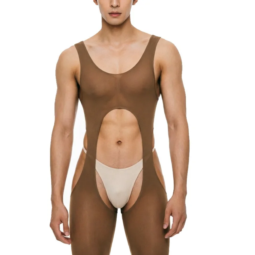Brown Male Bodysuits for European Underwear Gentle Guy Club Wear Sexy Bodystockings Men's Sheer Sleepwear Hombres Ropa Interior