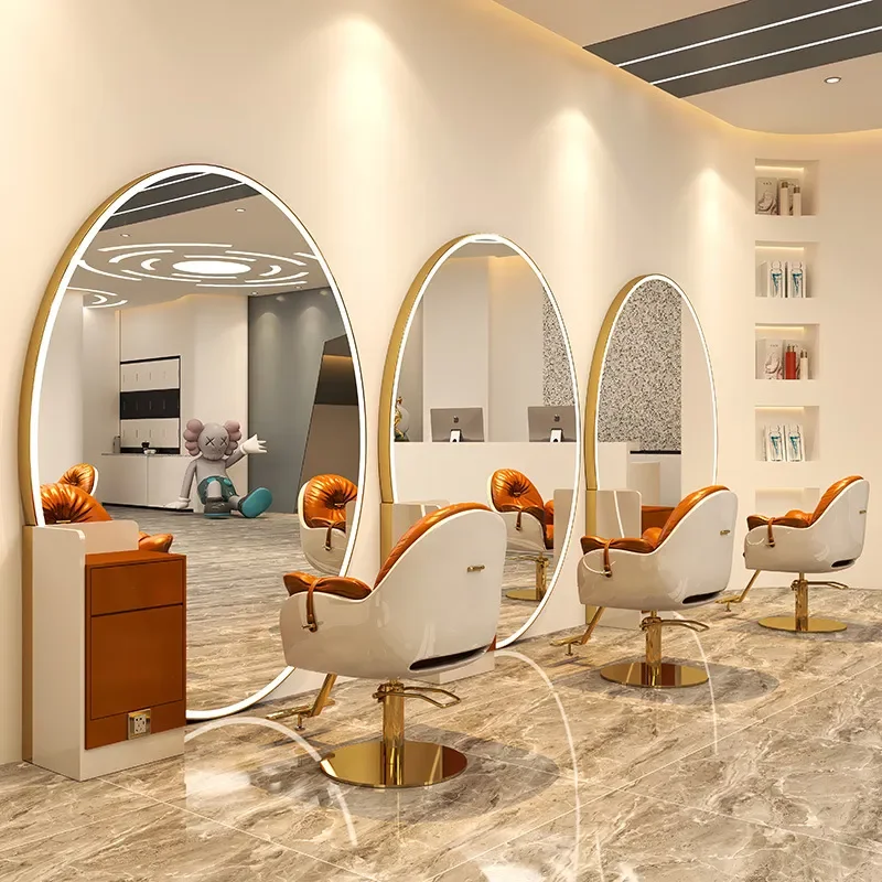 for Barber Shop Mirror Table Stainless Steel Floor Full Body Hair Salon Special Double Sided Mirror with LED Light