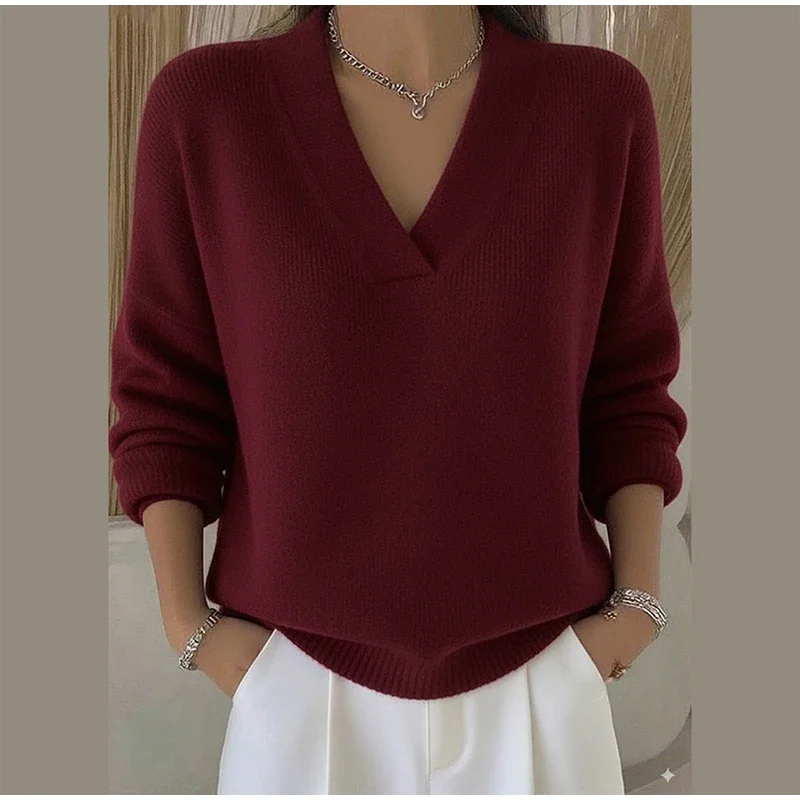 Damen-Strickwaren, V-Ausschnitt, langärmelig, Strickpullover, Herbst, einfarbig, locker geschnitten, Basic, vielseitig kombinierbar, Frühling, neue Streetwear-Kollektion. – Detail 6