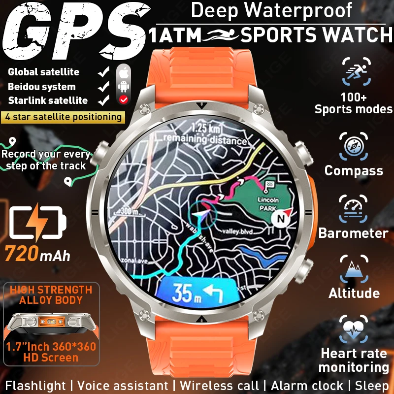 

LIGE New GPS Smart Watch 1.7" HD Display Built-in Compass Barometric Altimeter Flashlight Voice Call Smartwatch 100+ Sport Modes