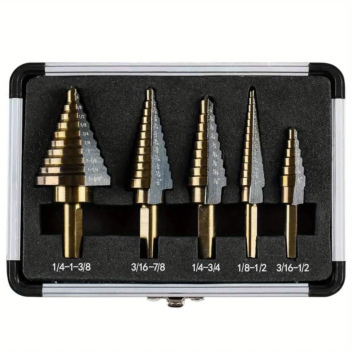 Porous 50 size cobalt titanium conical drill bit core, aluminum shell 5-piece HSS cobalt stepped drill bit kit