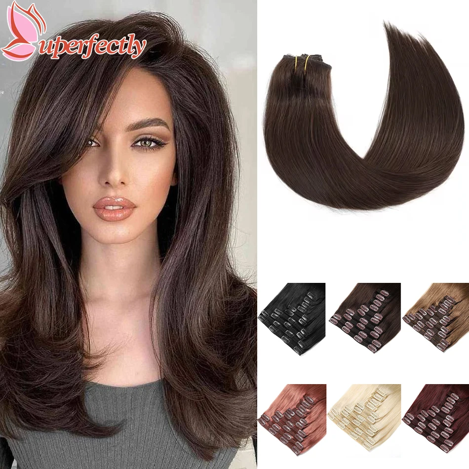 Uperfect-Clip em extensões de cabelo, cabelo castanho, cabelo humano real, trama dupla, Ins Straight, 10pcs