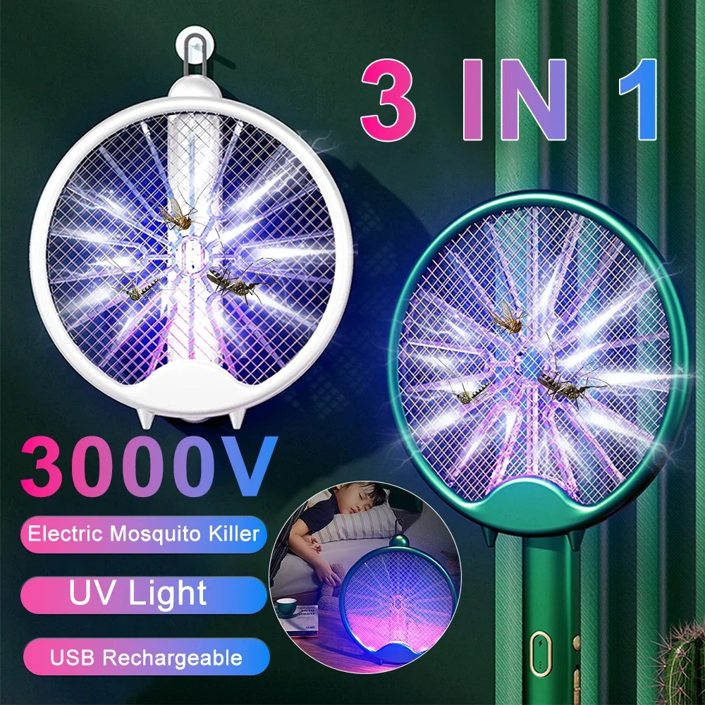 3000V Electric Mosquito Racket Mosquito Killer Lamp USB Rechargeable Foldable Mosquito Repellent Lamp Swatter Fly Swatter