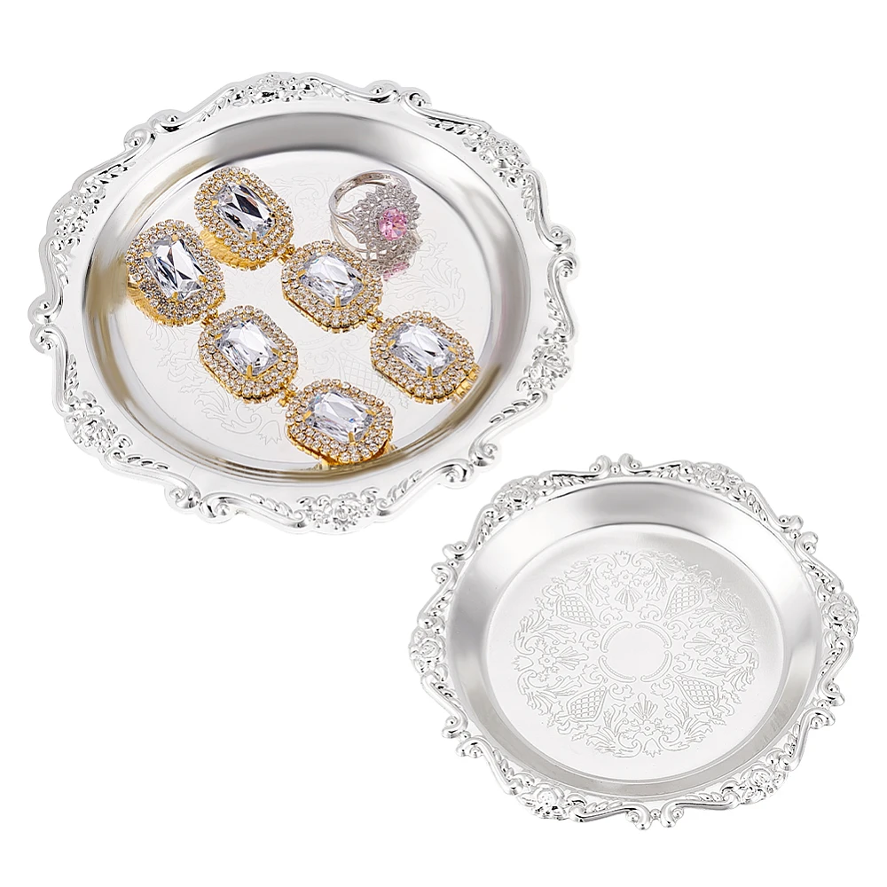 2Sizes Metal Jewelry Tray 3.9/5.9 inch Round Dish Jewelry Holder Storage Tray Dish Makeup Organizer Serving Tray Vintage Jewelry
