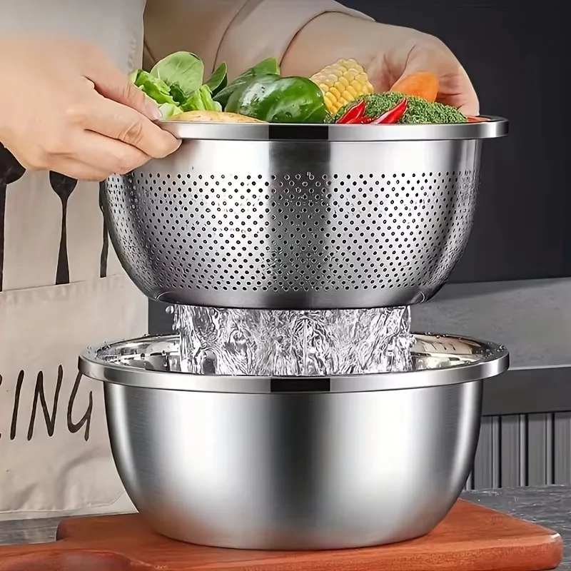 5pcs Stainless Steel Colander Set - Vegetable Fruit Pasta Strainer, Large Heavy Duty Filter Bowl