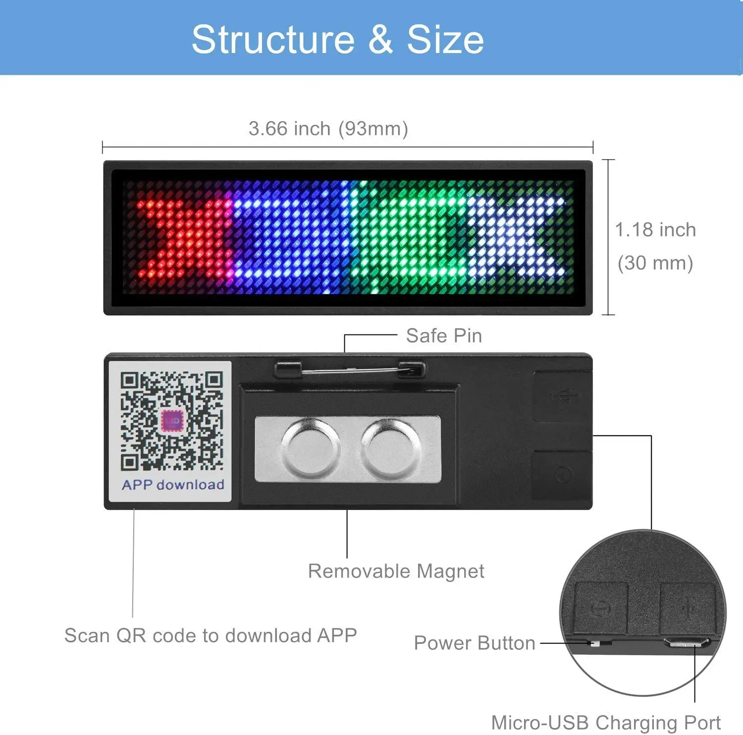 LED Name Badges, Upgraded Name Tag Cellphone Programmable Rechargeable Business Badges Light with Magnet Pin Mount