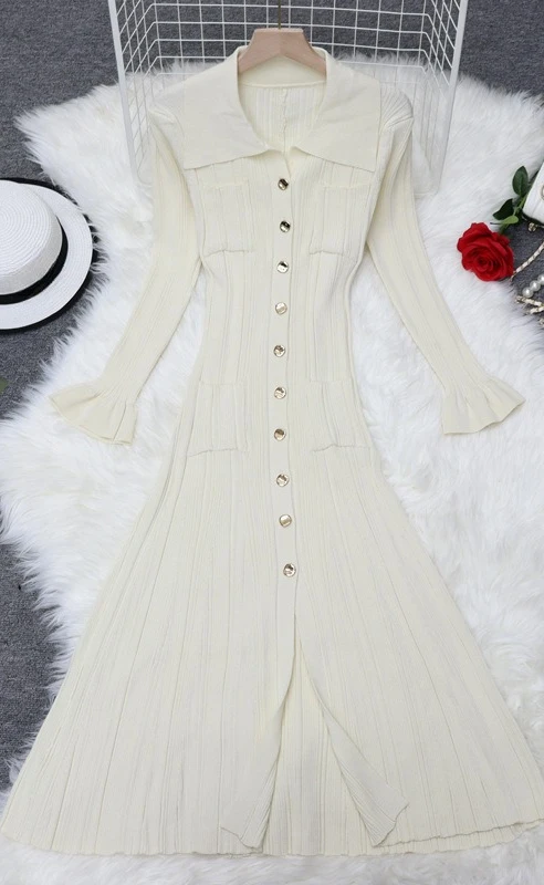 우아한 칼라 싱글 브레스티드 롱 슬리브 드레스 2025 유행 여성 하이웨이스트 드레스