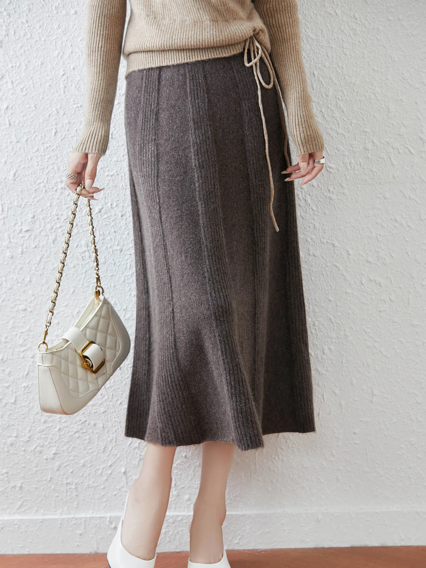 New Fashion Woman 100% Merino Wool Skirt Elegant Female Autumn Winter Knitwear Ladies Thick Clothing Bottom Striped Dress