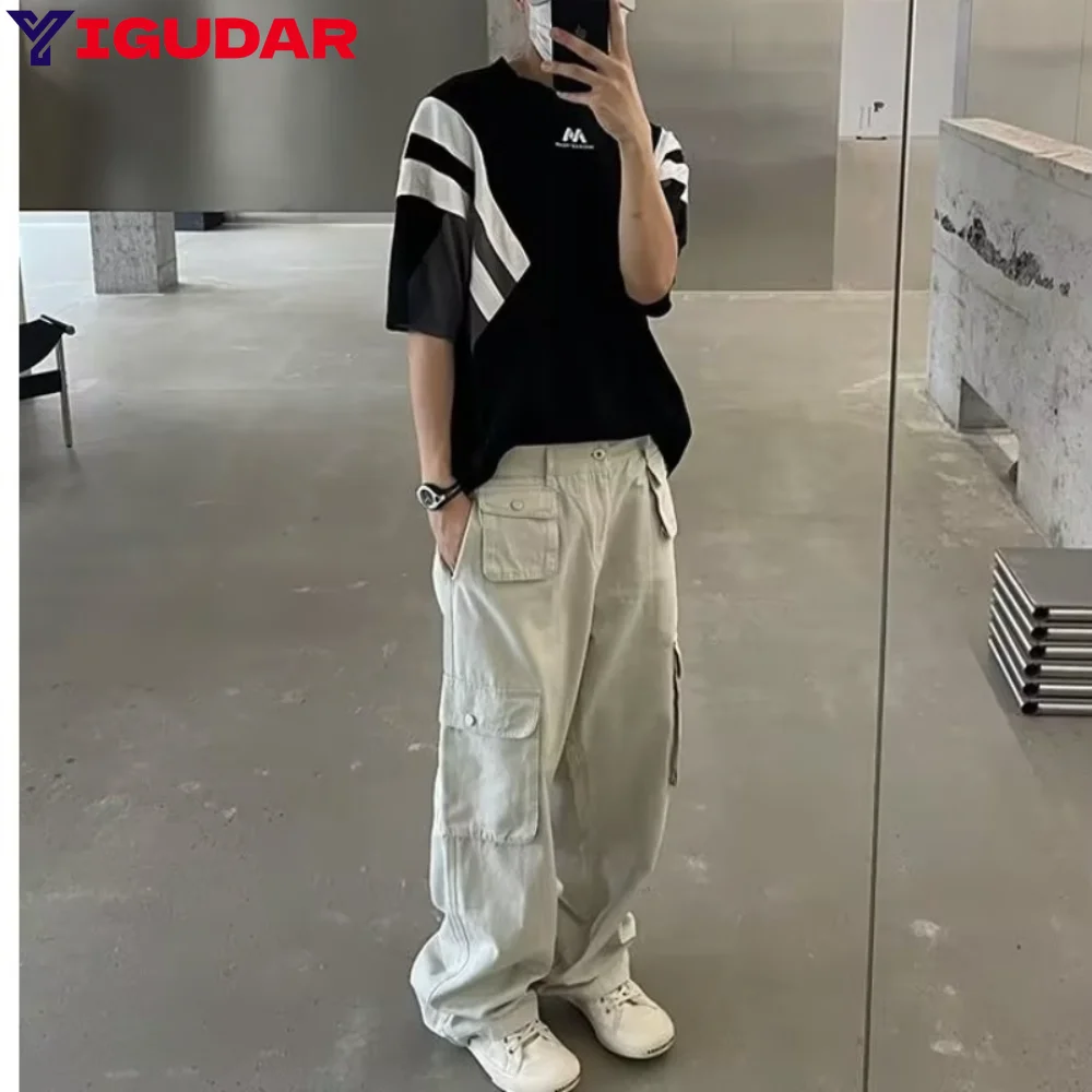 

Men Pants Cargo Stylish Retro Mid Rise Relaxed Fit Wide Leg Pants baggy for Outdoor Long trousers y2k pantalones hombre joggers