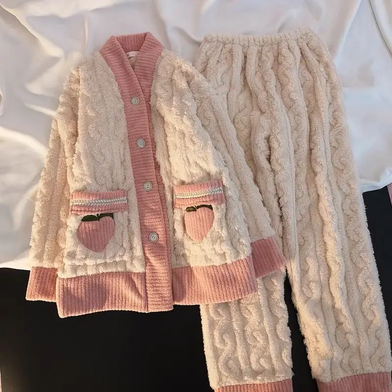 Winter Warm Flannel Women Pyjamas Set Comfortable Simple Cute Button Cardigan Loose Casual Printing 2 Pieces Home Suit Pajamas