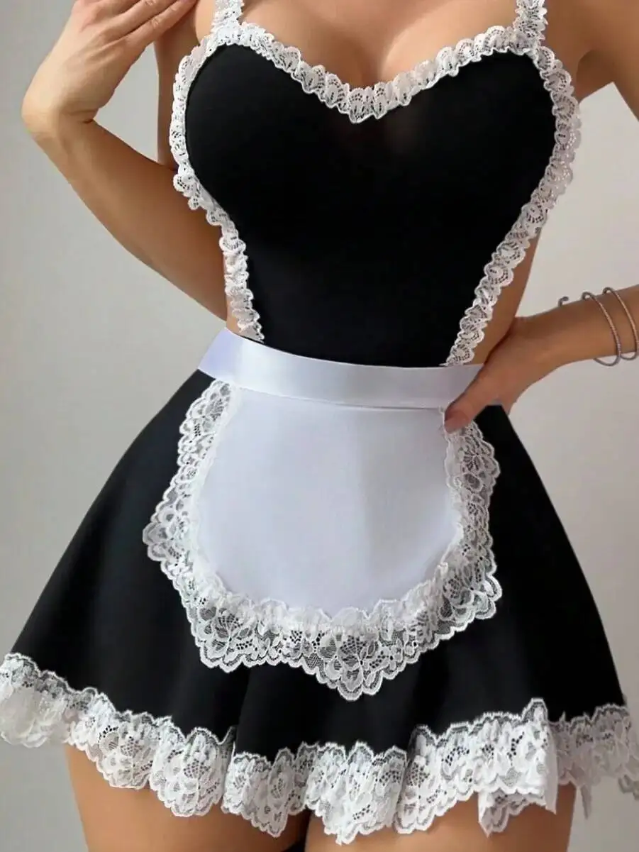 Sexy halter pescoço fenda oco rendas aparadas de volta empregada sem costas profundo v suspensórios vestido sem mangas com avental doce casaul fxi1