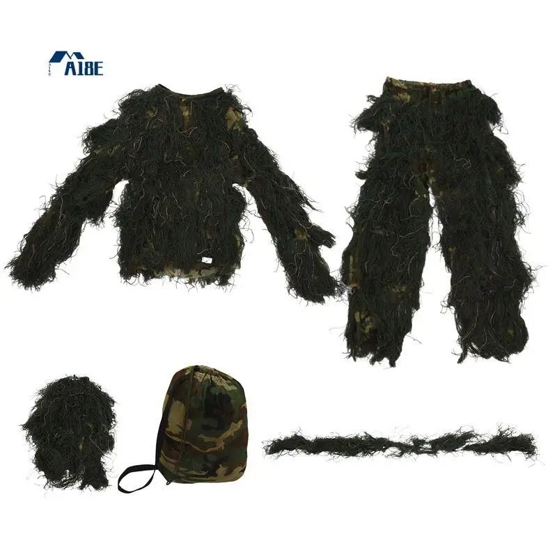 

A18E-5 In 1 Ghillie Suit,3D Camouflage Outdoor Hunting Apparel Including Jacket,Pants,Hood,Carry Bag For Adults Kids Youth