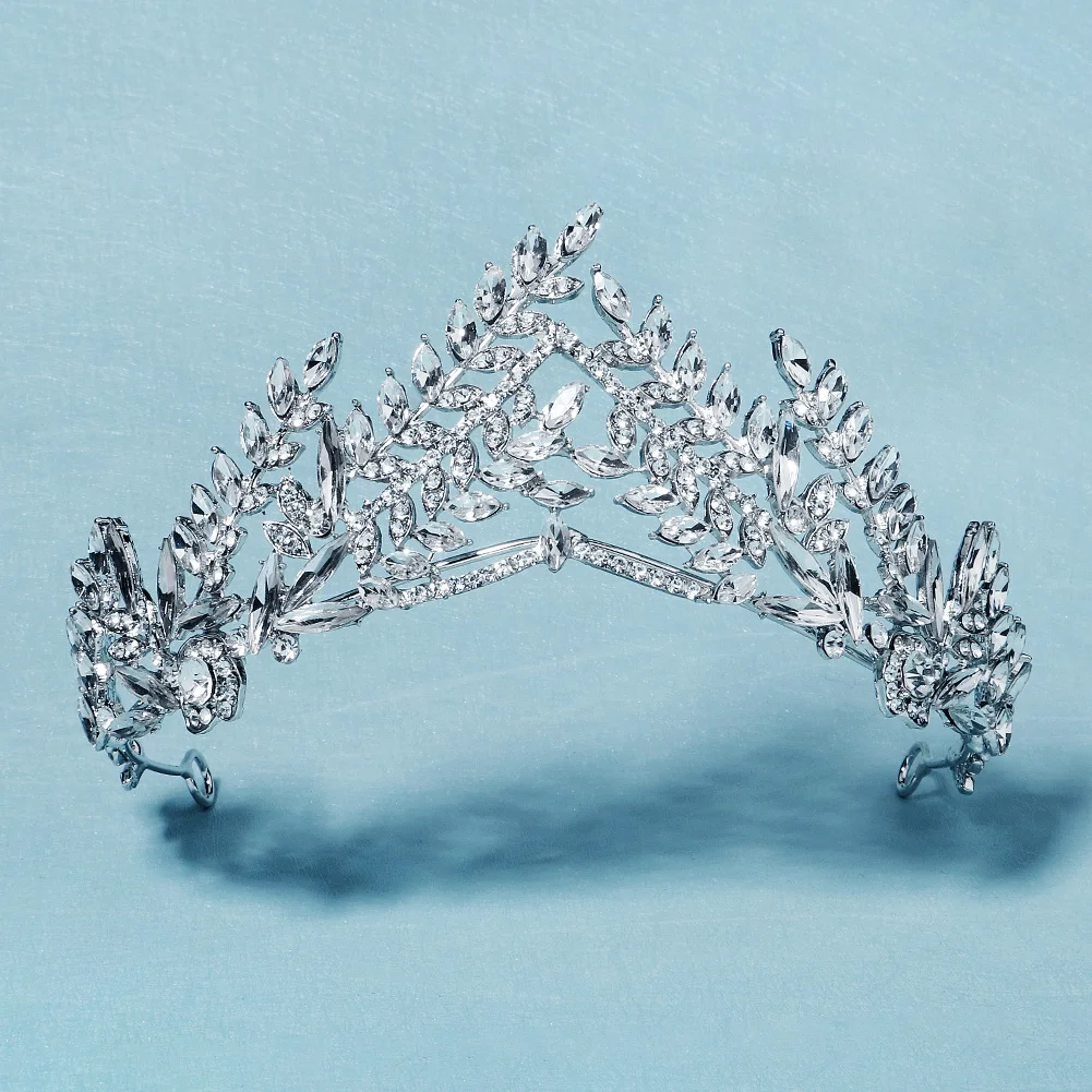 Vintage Silver Leaf Crystal Tiara Rhinestone Bridal Crown Wedding Hair Accessories for Women Prom Evening Party Gatsby Headpiece view 2