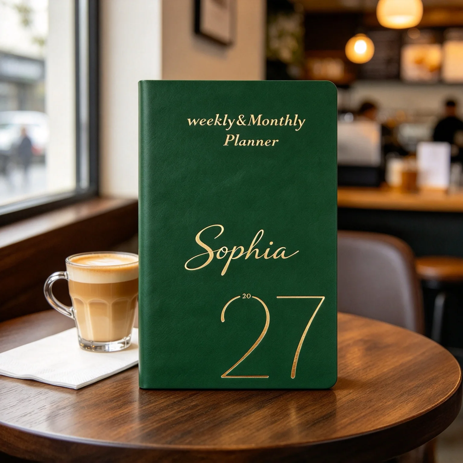 Personalized Name 2027 Weekly Monthly Planner Green PU Leather Customized Agenda Notebook for Daily Schedule Office Planning