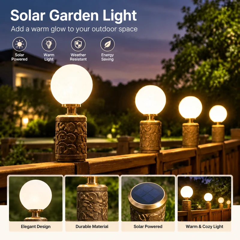 Solar Post Cap Light Outdoor Waterproof IP65 LED Garden Fence Pillar Lamp, Solar Powered Spherical Fixture for Home Gate Patio