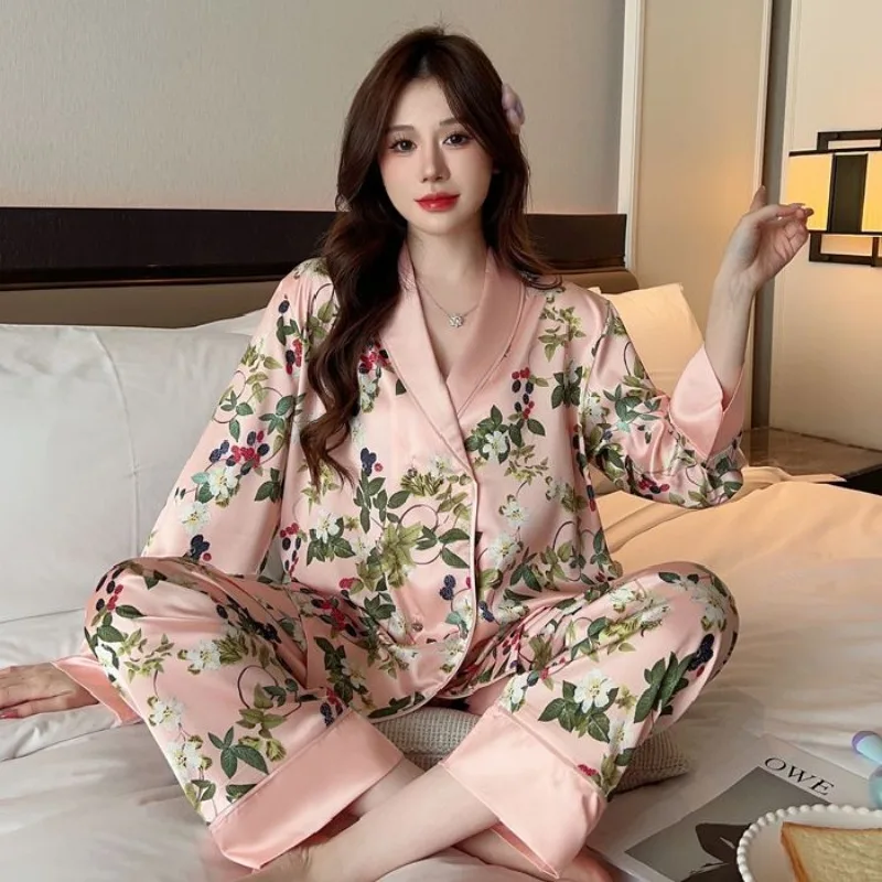 Pajamas Spring Autumn Women Long-Sleeved Trousers Advanced Ice Silk Nightclothes Female V Collar Loose Casual Thin Homewear Suit