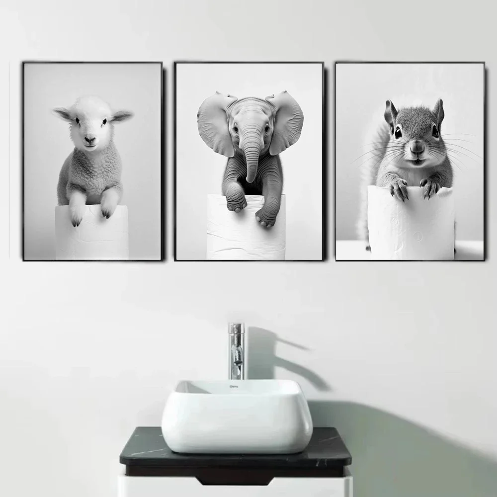 Toilet Paper Funny Bathroom Otter Squirrel Posters Canvas Painting Black And White Animals Wall Art Print Pictures Home Decor