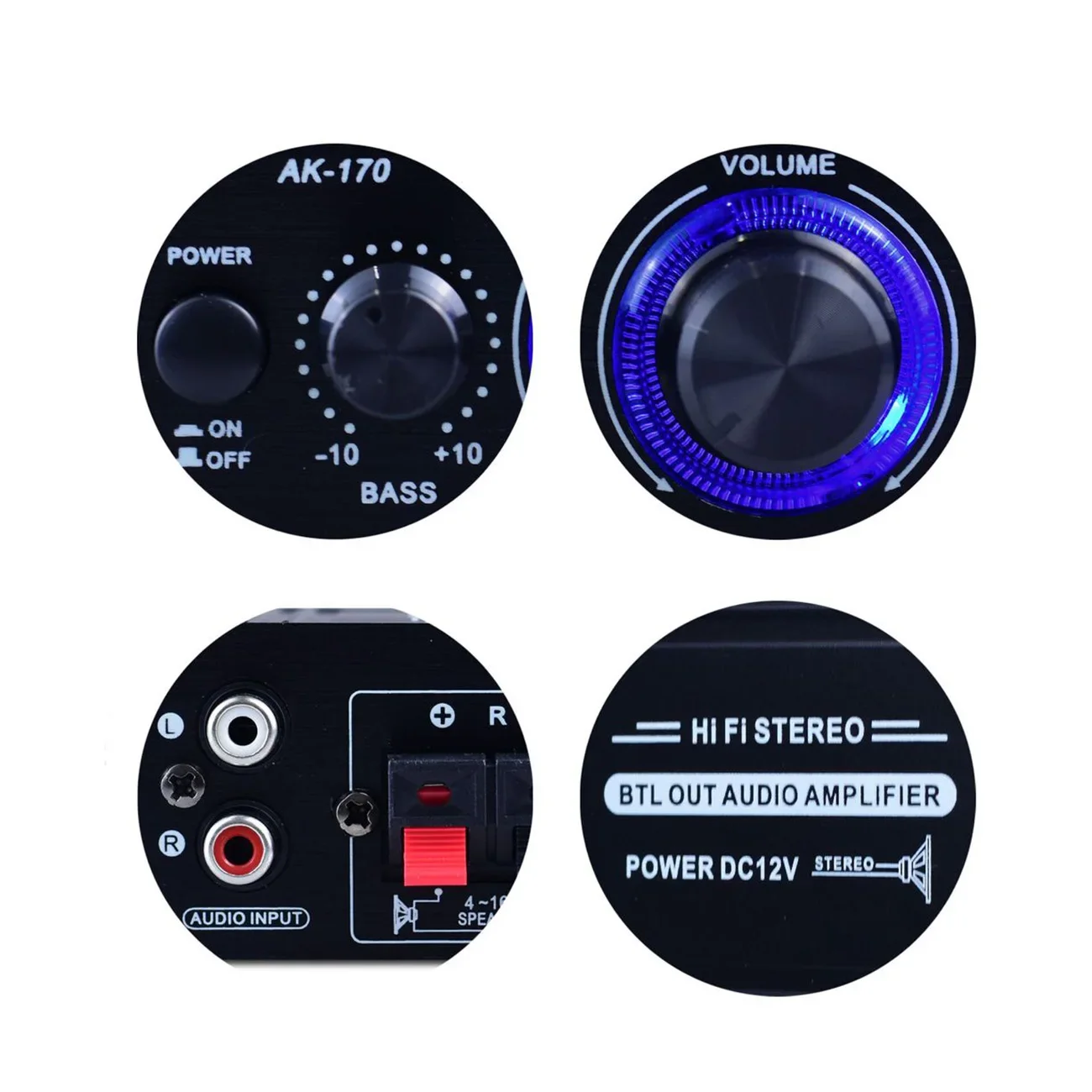 12V 400W Mini-Verstärker 20+20W HiFi-Stereo-Verstärker 2-Kanal-Leistungsverstärker mit blauem Atmosphärenlicht Heim-Autoradio-Mikrofon – Detail 6