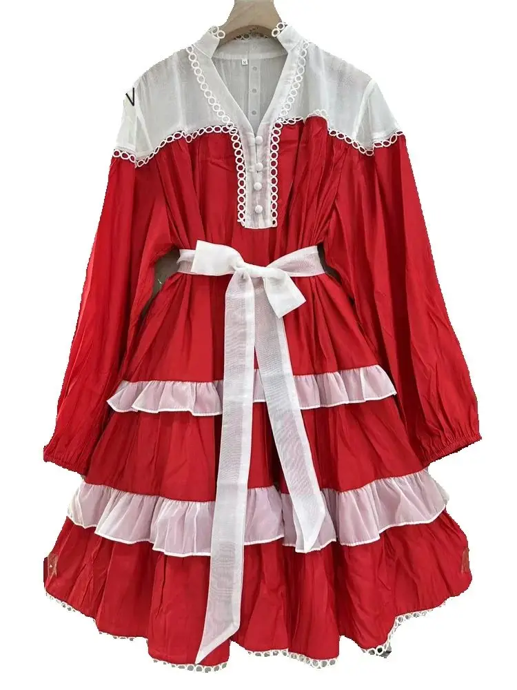 

AELESEEN Loose Casual Mini Dress Women Spring Summer Full Sleeve V-Neck Patchwork Cascading Ruffles Layers Casual Belt