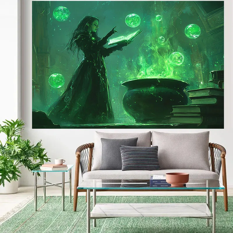 خلفية عالمية سحرية غامضة لشخص واحد - ساحرة ساحرة، كرات متوهجة وتصاميم كتاب تهجئة، بوليستر