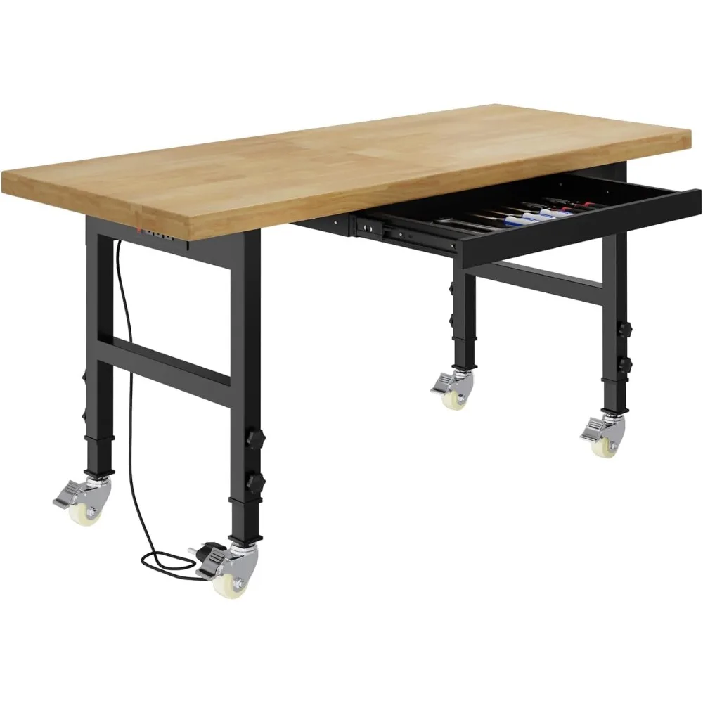 

60" Solid Wood Work Bench with Wheels, Adjustable Height Workbench with Drawers, Heavy-Duty Work Table with Power Outlets, 2000