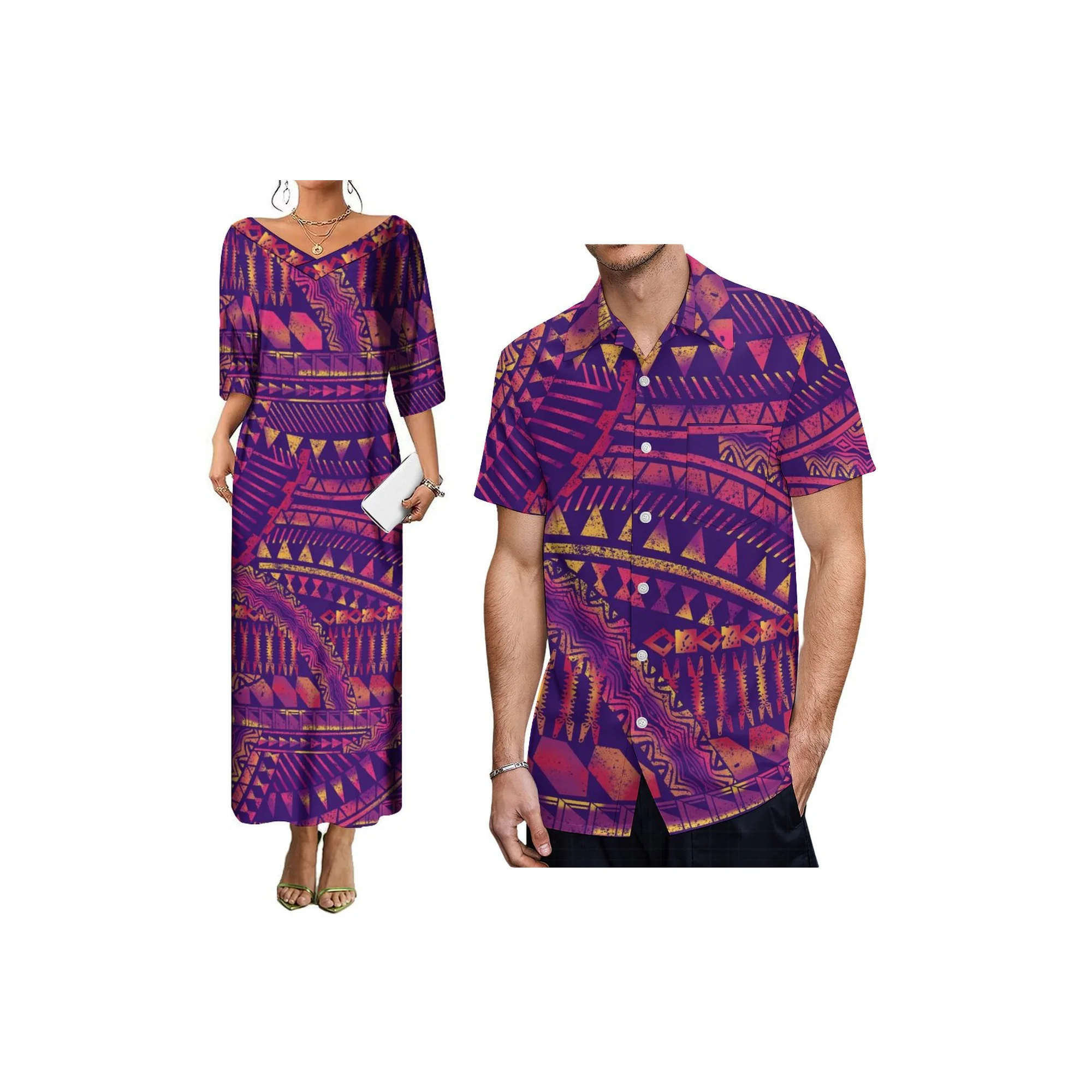 

New Hot Sale Elegant Half Sleeve Summer Dress Customized Tonga Polyensian Tribal Print Women ress Deep V Neck Long Dress