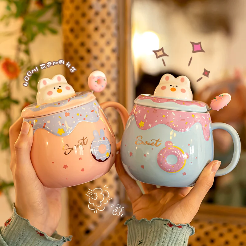 Cute Doughnut Mugs with Lid and Spoon High Appearance Level Girls' Coffee Cups Home and Office Creative Ceramic Drinking Cups