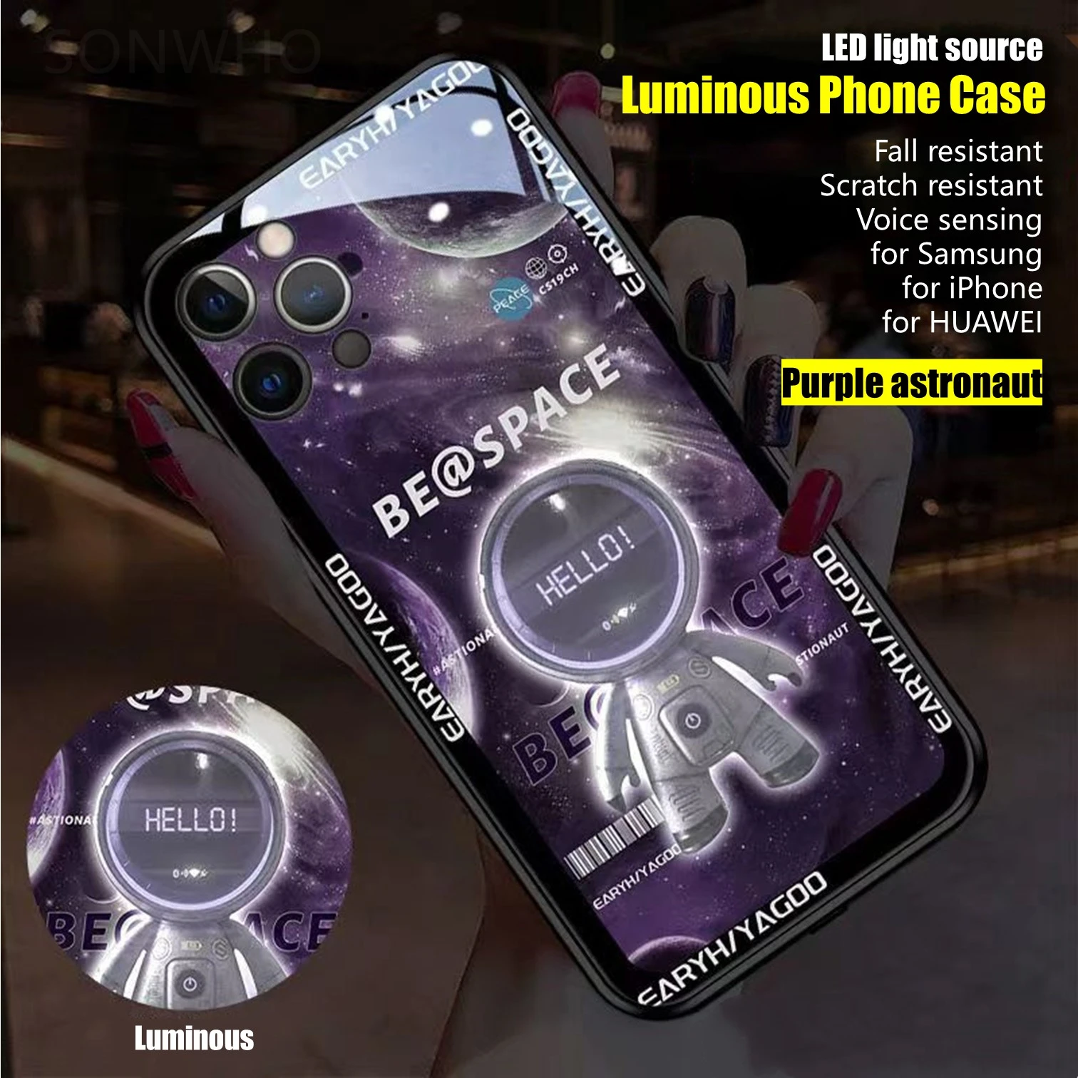 

Astronaut LED Luminous Phone Case for iPhone 14 15 13 Pro Max Samsung S24 S22 S23 Note 10 20 Plus Ultra Voice Sensing Accessory