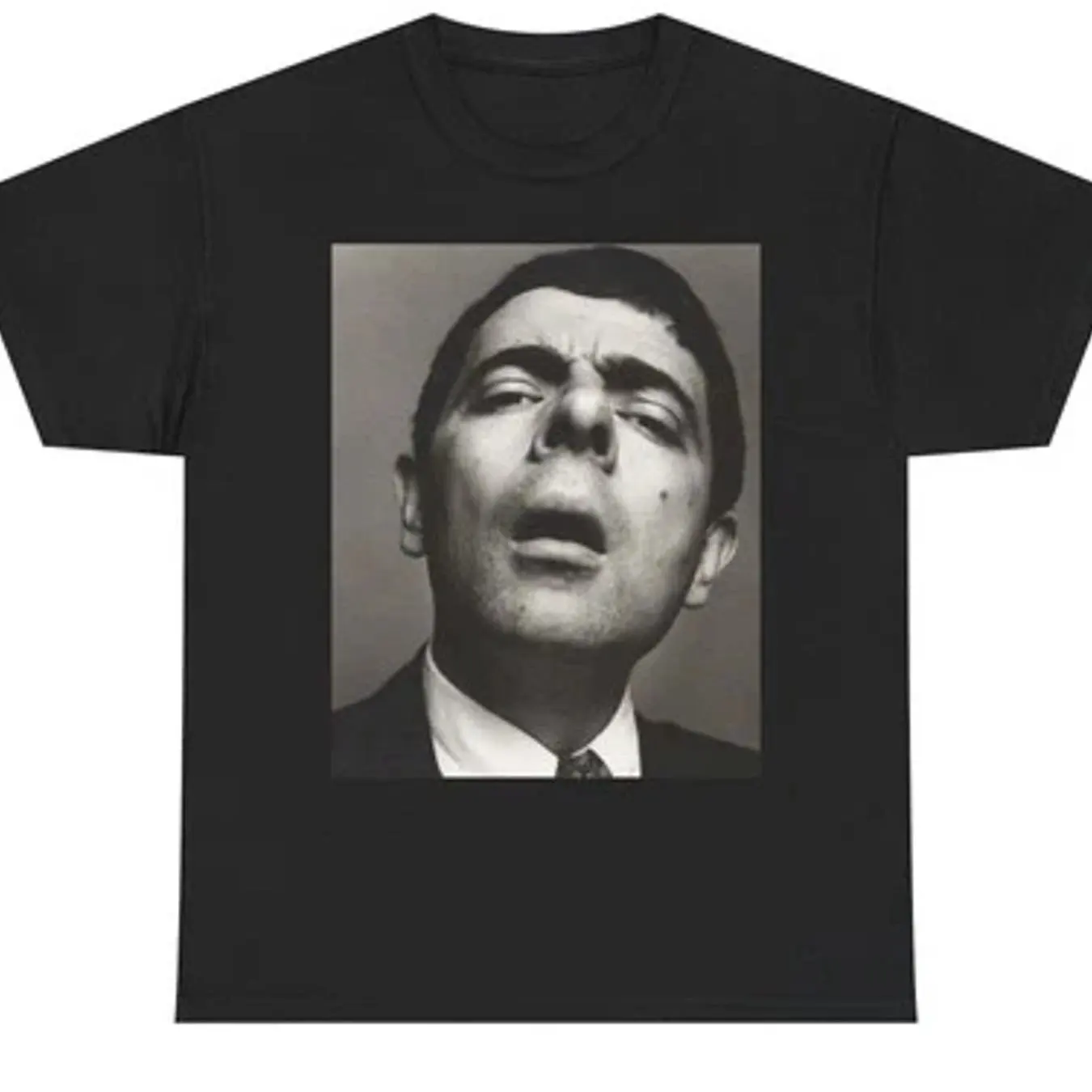 Men'S Black Short-Sleeved Crew Neck T-Shirt Printed with A 'Mr. Bean Funny Face' Pattern Suitable for Casual Everyday Wear