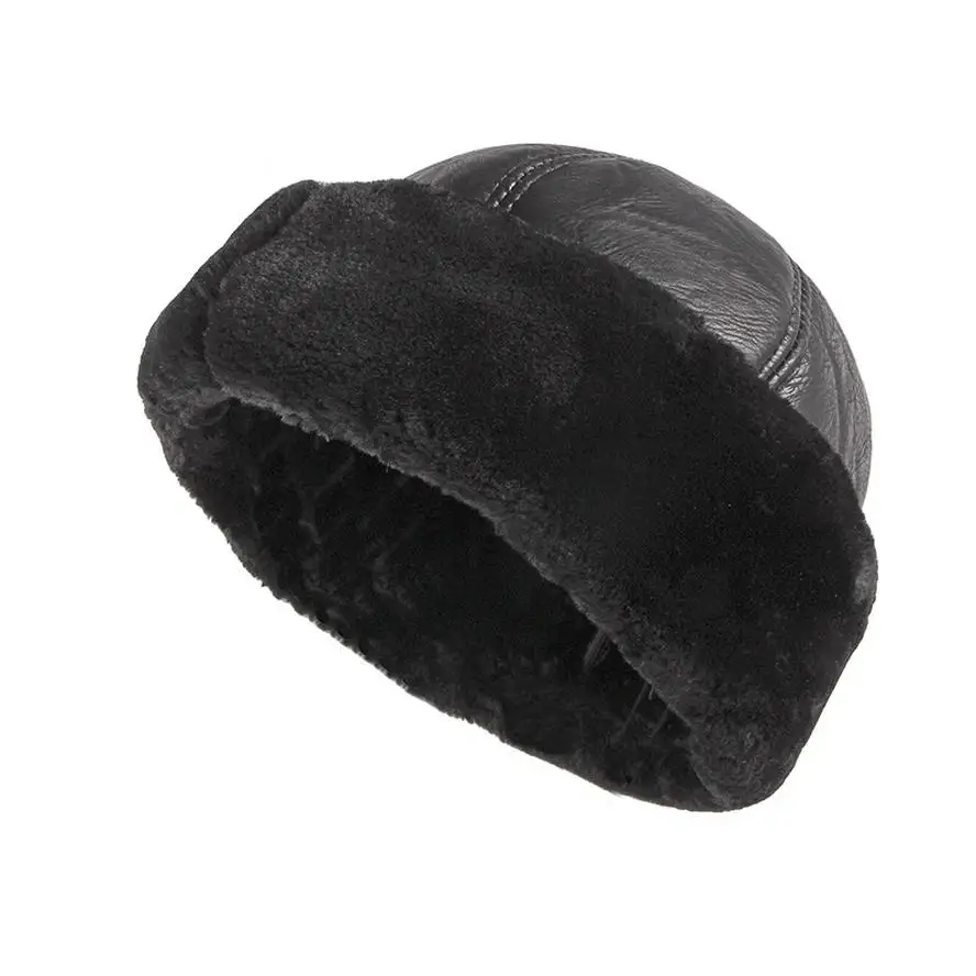 Winter PU Leather Warm Plush Hat Thickened Fur Splicing Leather Hat Retro Waterproof Old Man Hat Plush Warm Snow Windproof Hat