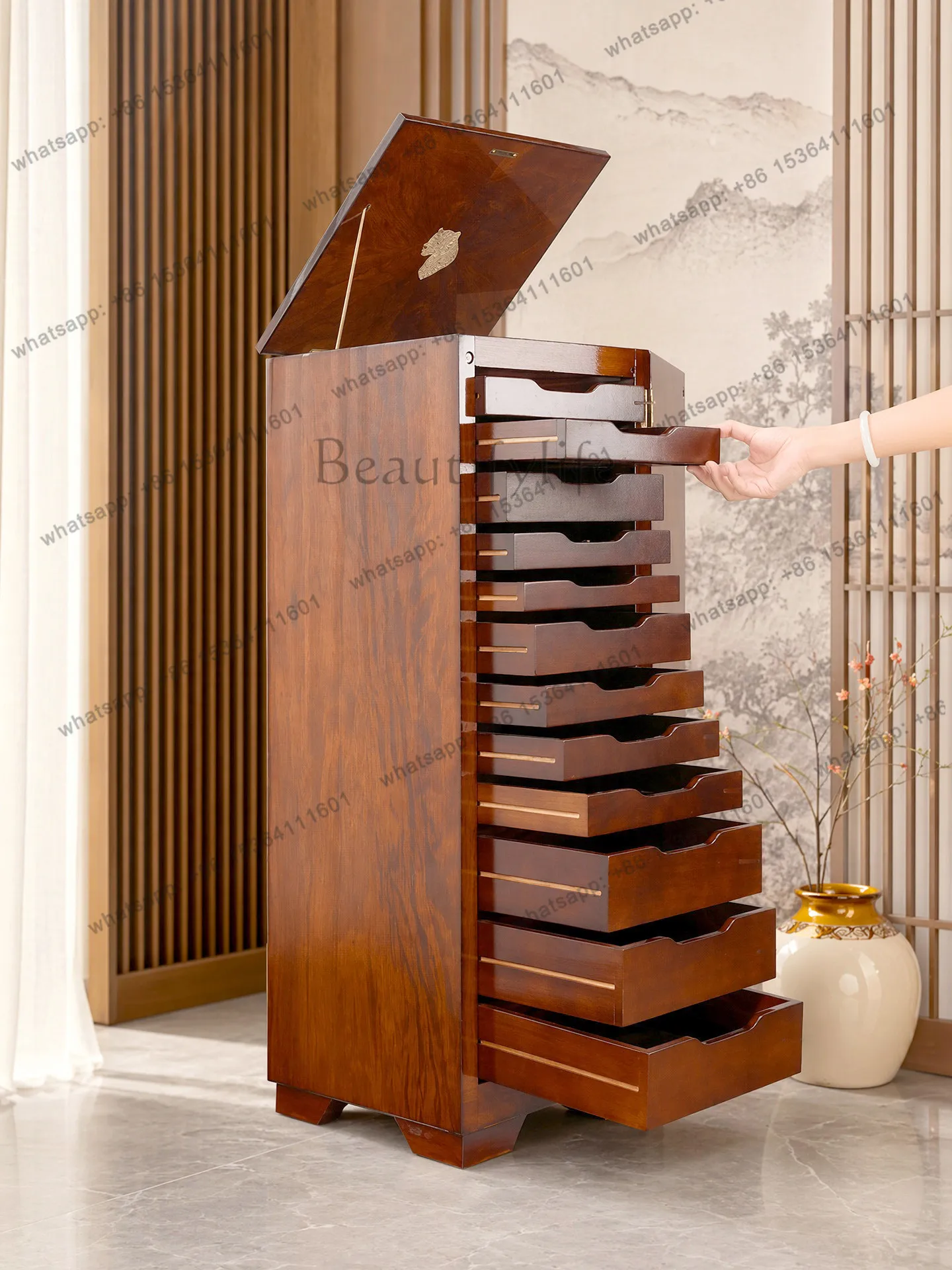 New solid wood nut jewelry cabinet with lock multi-layer drawer storage medium antique storage cabinet