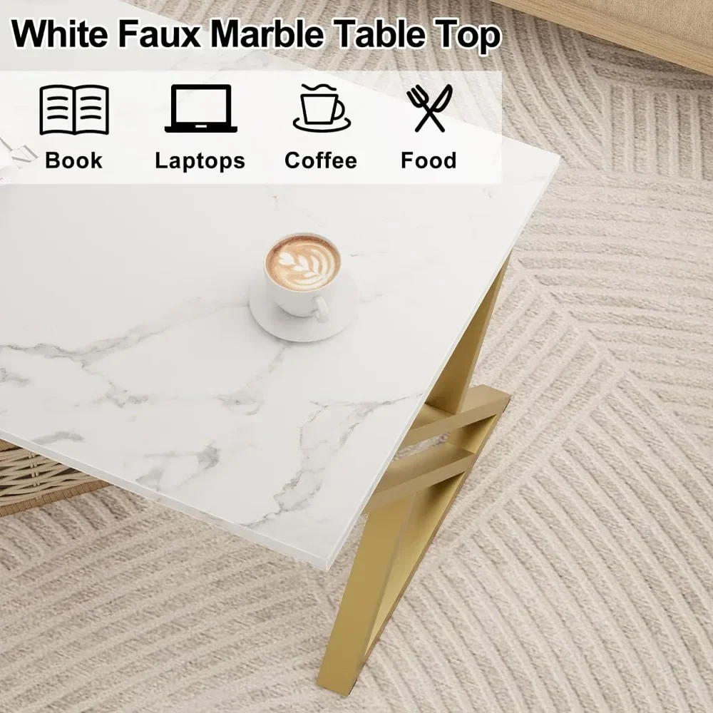 Table basse rectangulaire en faux marbre blanc, table centrale simple et moderne, pour le salon