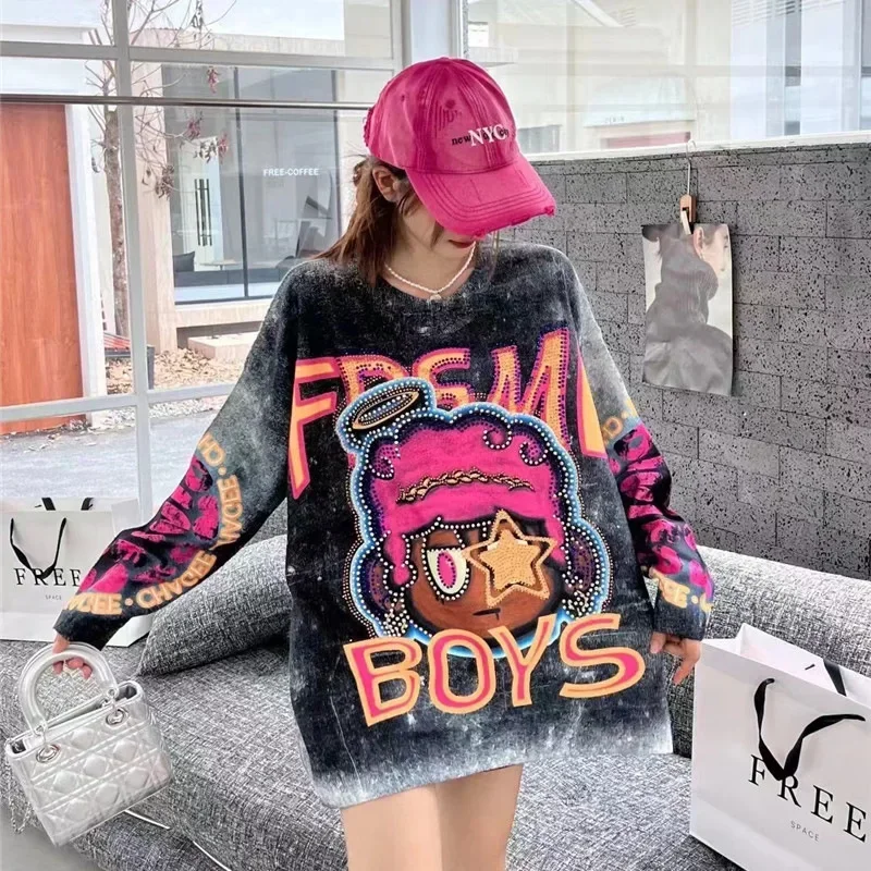 Cartoon Pattern Diamonds Sweater Women Pullovers Fashion Printed Autumn Winter Vintage Clothes Loose Casual Long Sleeve Hoodies