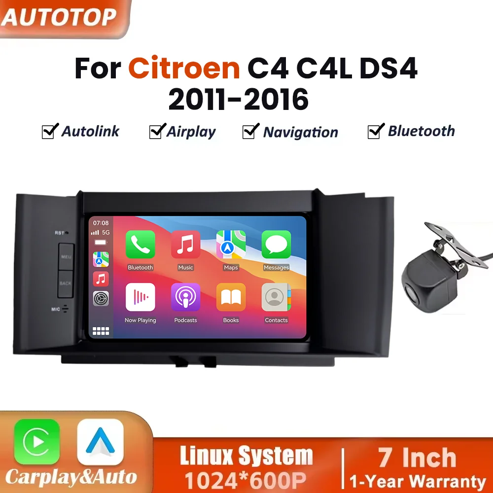 7-calowe radio samochodowe z systemem Linux, obsługujące bezprzewodowe CarPlay i Android Auto, przeznaczone do Citroen C4, C4L, DS4 (roczniki 2011–2016). Multimedia, ekran dotykowy, funkcje Airplay,