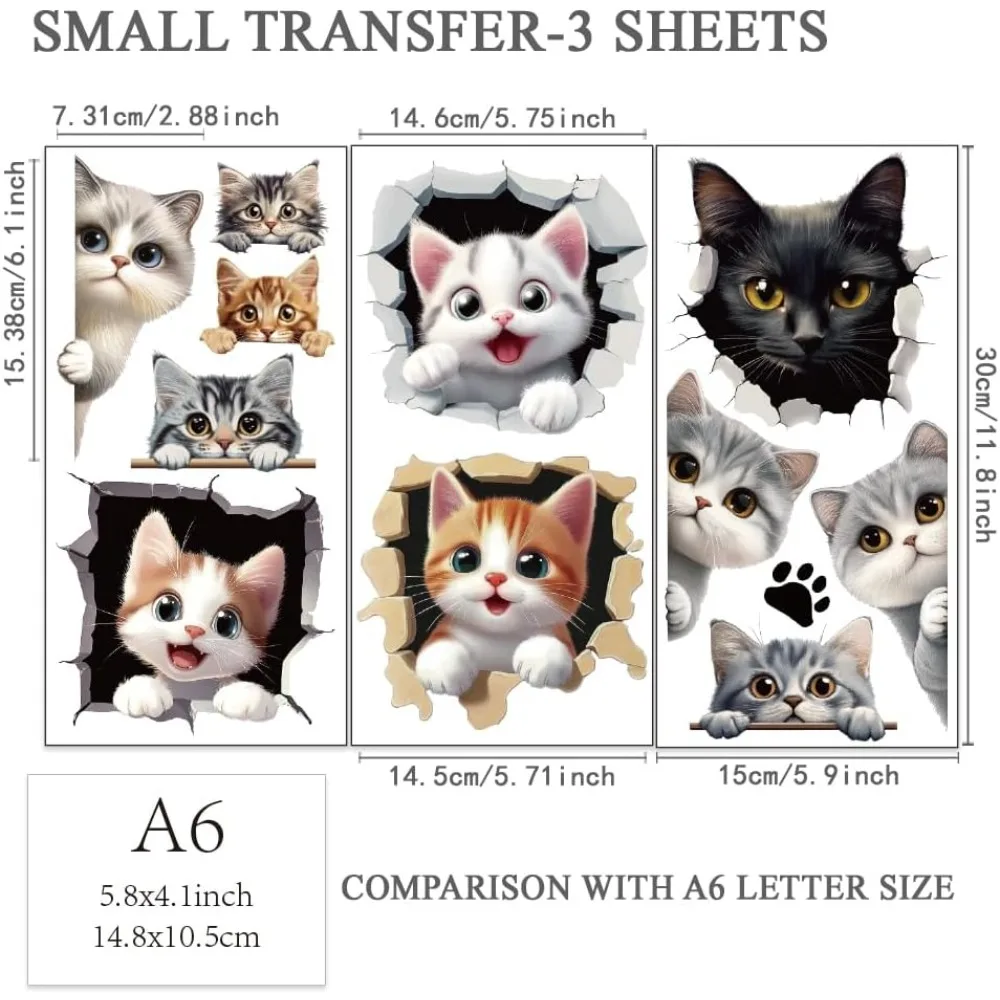 3 Sheets 3 Styles PVC Waterproof Decorative Stickers Self Adhesive Decals for Furniture Decoration Cat Shape 300x150mm